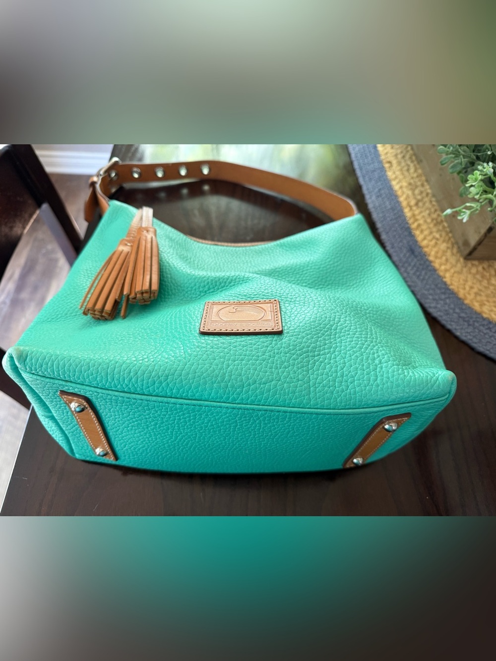Dooney & Bourke Turquoise Pebbled Leather Shoulder Hobo bag w/ Tan Trim Tassel - Picture 16 of 16